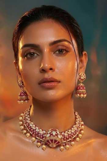 Auraa Trends Ruby Pink Kundan Polki Choker Necklace Set 
