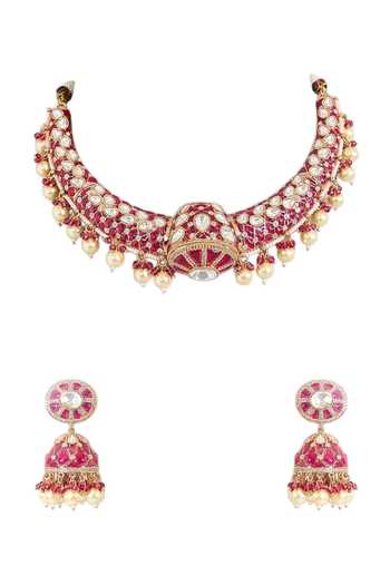 Shop_Auraa Trends_Pink Ruby Kundan Polki Choker Necklace Set _Online_at_Aza_Fashions