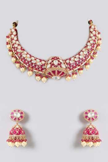 Auraa Trends Ruby Pink Kundan Polki Choker Necklace Set 
