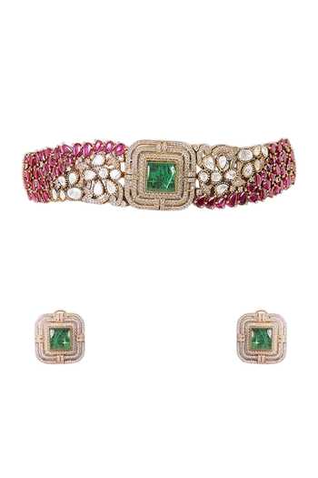 Shop Auraa Trends Pink Kundan Polki Choker Necklace Set Online at Aza Fashions Shop_Auraa Trends_Pink Kundan Polki Choker Necklace Set _Online_at_Aza_Fashions