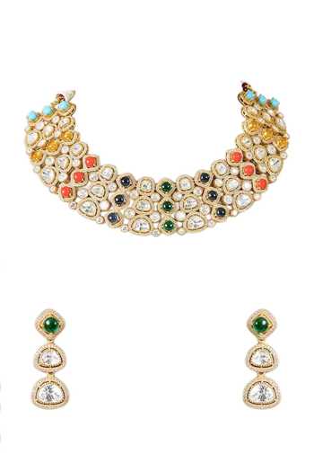 Shop Auraa Trends Multi Color Kundan Necklace Set Online at Aza Fashions Shop_Auraa Trends_Multi Color Kundan Necklace Set _Online_at_Aza_Fashions