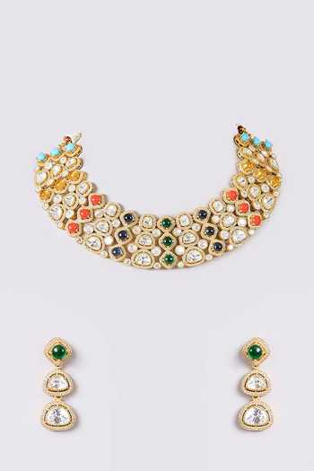 Shop Auraa Trends Multi Color Kundan Necklace Set at Aza Fashions Shop_Auraa Trends_Multi Color Kundan Necklace Set _at_Aza_Fashions