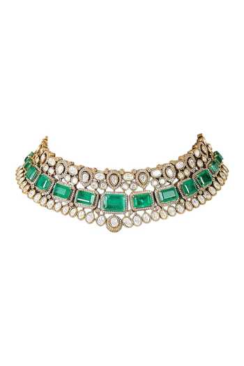 Auraa Trends_Green Emerald Kundan Choker Necklace Set _Online_at_Aza_Fashions