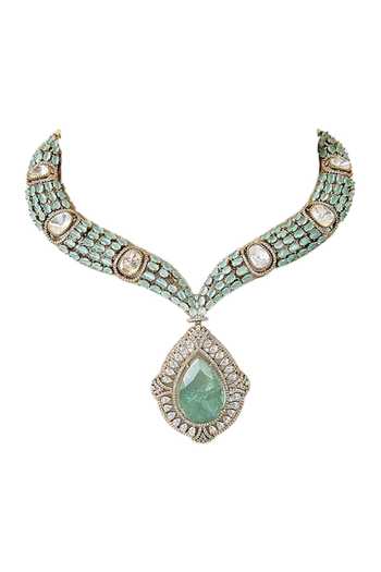 Auraa Trends_Mint Green Kundan Choker Necklace Set _Online_at_Aza_Fashions