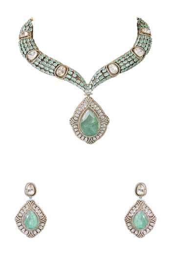 Shop_Auraa Trends_Mint Green Kundan Choker Necklace Set _Online_at_Aza_Fashions