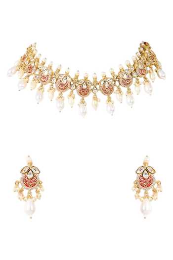Auraa Trends_Gold Plated Kundan Pearl Choker Necklace Set _Online_at_Aza_Fashions