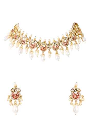 Shop_Auraa Trends_Gold Plated Kundan Pearl Choker Necklace Set _Online_at_Aza_Fashions