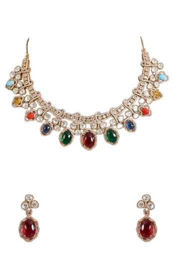 Buy_Auraa Trends_Multi Color Kundan Polki Choker Necklace Set _Online_at_Aza_Fashions