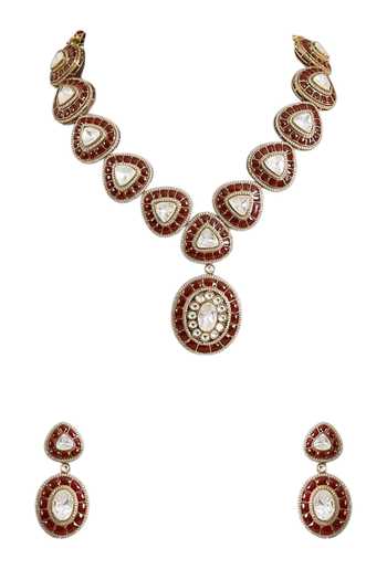 Buy_Auraa Trends_Red Kundan Embellished Necklace Set _Online_at_Aza_Fashions