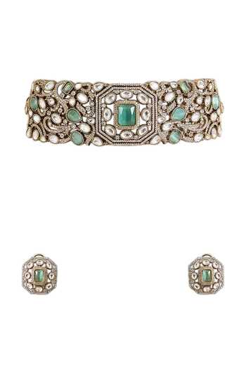 Buy_Auraa Trends_Green Kundan Choker Necklace Set _Online_at_Aza_Fashions