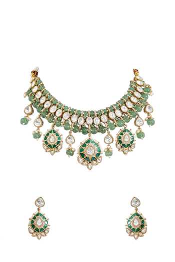 Auraa Trends Green Kundan Beaded Choker Necklace Set Online at Aza Fashions Auraa Trends_Green Kundan Beaded Choker Necklace Set _Online_at_Aza_Fashions