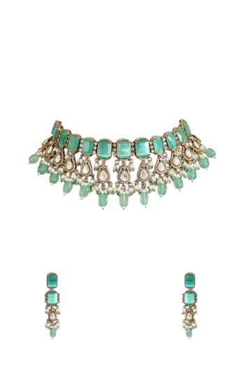 Buy_Auraa Trends_Green Mint Stone And Pearl Choker Set _Online_at_Aza_Fashions