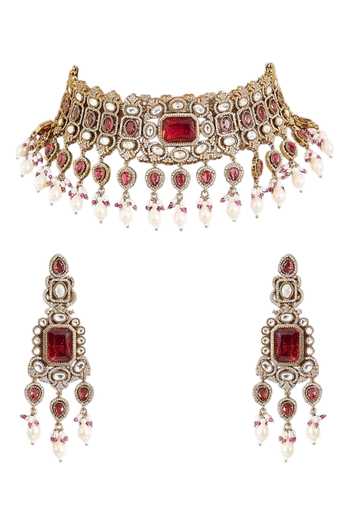 Buy_Auraa Trends_Red Kundan Choker Necklace Set _Online_at_Aza_Fashions
