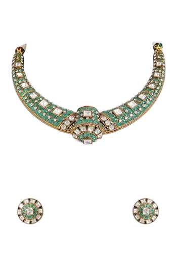 Buy_Auraa Trends_Green Kundan Polki Choker Necklace Set _Online_at_Aza_Fashions