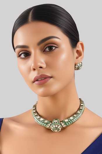 Auraa Trends Green Kundan Polki Choker Necklace Set 