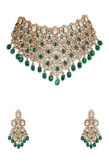 Buy_Auraa Trends_Green Emerald Kundan Polki Choker Set _Online_at_Aza_Fashions