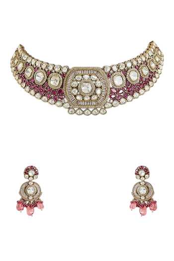 Buy_Auraa Trends_Pink Kundan Embellished Choker Necklace Set _Online_at_Aza_Fashions