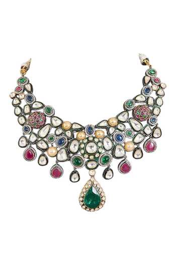 Auraa Trends_Multi Color Kundan Polki Choker Necklace Set _Online_at_Aza_Fashions