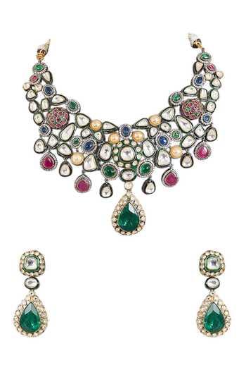 Buy_Auraa Trends_Multi Color Kundan Polki Choker Necklace Set _Online_at_Aza_Fashions