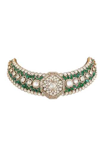 Buy_Auraa Trends_Green Kundan Polki Choker Necklace Set _Online_at_Aza_Fashions