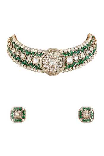 Shop_Auraa Trends_Green Kundan Polki Choker Necklace Set _Online_at_Aza_Fashions