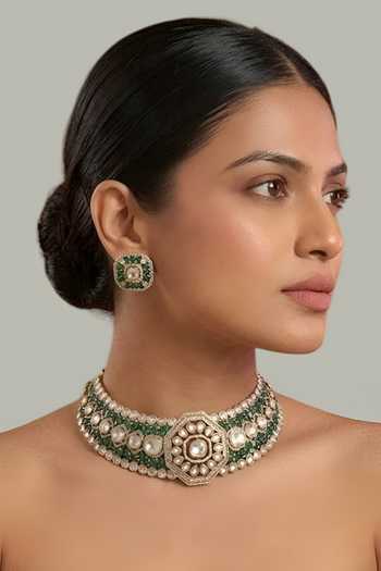 Auraa Trends Green Kundan Polki Choker Necklace Set 