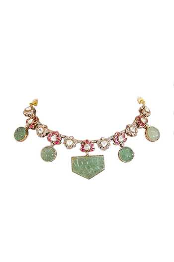 Auraa Trends_Green Kundan Embellished Choker Necklace Set _Online_at_Aza_Fashions