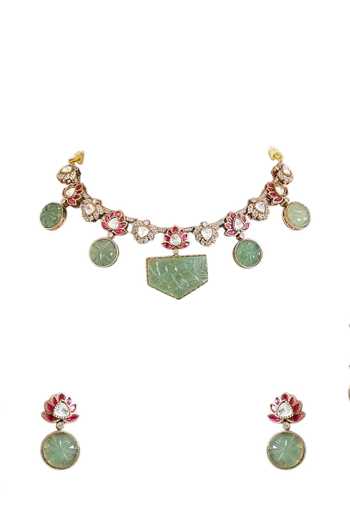 Buy_Auraa Trends_Green Kundan Embellished Choker Necklace Set _Online_at_Aza_Fashions
