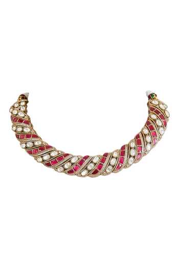 Auraa Trends_Red Twisted Kundan Embellished Choker Set _Online_at_Aza_Fashions