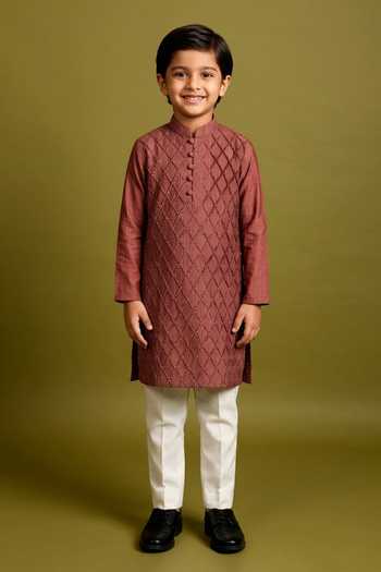 Chatenya Mittal Maroon Pintuck Kurta Set For Kids