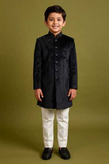 Chatenya Mittal Black Velvet Bandhgala Set For Kids