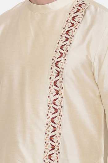 Mayank Modi - Men_Beige Silk, Cotton Embroidery Kurta Set For Kids_Online_at_Aza_Fashions