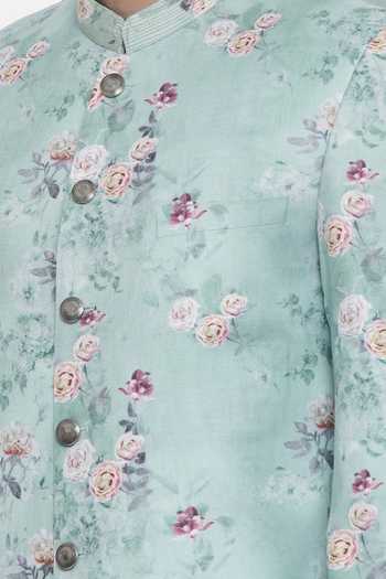 Mayank Modi - Men Blue Linen Sequins Floral Print Sherwani Set For Kids Online at Aza Fashions Mayank Modi - Men_Blue Linen Sequins Floral Print Sherwani Set For Kids_Online_at_Aza_Fashions