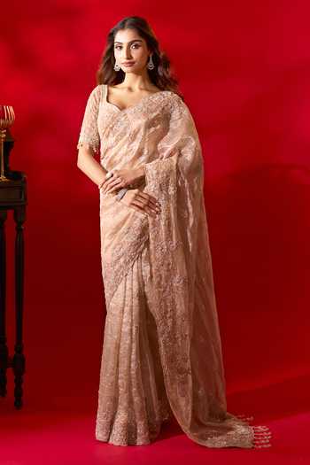 Shop Azeera Gold Tissue Embroidered Saree With Unstitched Blouse Piece Shop_Azeera_Gold Tissue Embroidered Saree With Unstitched Blouse Piece