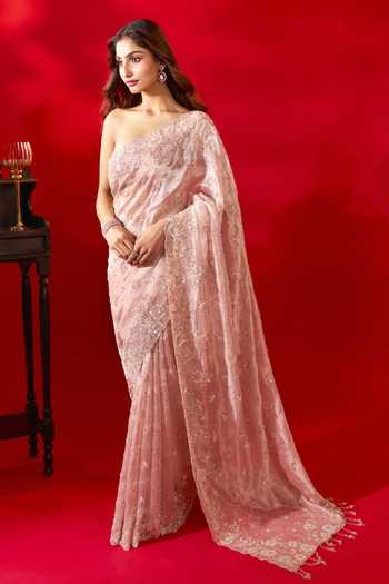 Shop_Azeera_Pink Tissue Embroidered Saree With Unstitched Blouse Piece _Online_at_Aza_Fashions