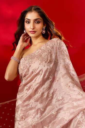 Azeera_Pink Tissue Embroidered Saree With Unstitched Blouse Piece _at_Aza_Fashions