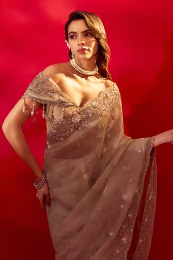 Shop Azeera Ivory Tissue French Rose Embroidered Saree And Unstitched Blouse Piece Shop_Azeera_Ivory Tissue French Rose Embroidered Saree And Unstitched Blouse Piece