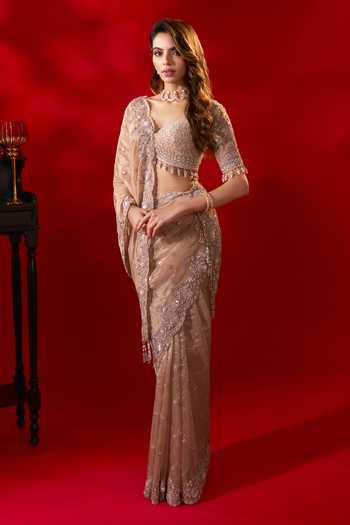 Buy Azeera Gold Tissue Rose Embroidered Saree With Unstitched Blouse Piece Online at Aza Fashions Buy_Azeera_Gold Tissue Rose Embroidered Saree With Unstitched Blouse Piece _Online_at_Aza_Fashions