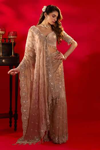 Buy Azeera Gold Tissue Rose Embroidered Saree With Unstitched Blouse Piece Buy_Azeera_Gold Tissue Rose Embroidered Saree With Unstitched Blouse Piece