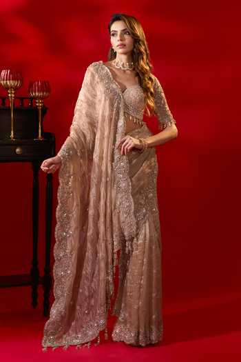 Shop Azeera Gold Tissue Rose Embroidered Saree With Unstitched Blouse Piece Shop_Azeera_Gold Tissue Rose Embroidered Saree With Unstitched Blouse Piece