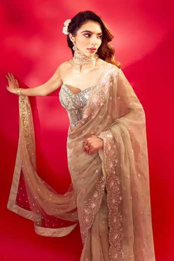 Buy Azeera Green Tissue French Rose Embroidered Saree With Unstitched Blouse Piece Buy_Azeera_Green Tissue French Rose Embroidered Saree With Unstitched Blouse Piece