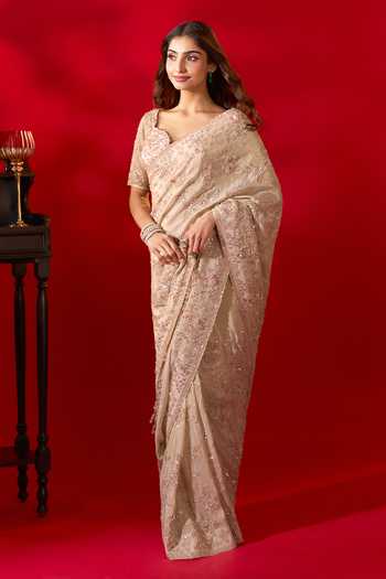 Buy_Azeera_Gold Tissue Surbhi Embroidered Saree With Unstitched Blouse Piece _Online_at_Aza_Fashions