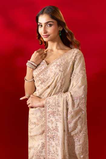Shop_Azeera_Gold Tissue Surbhi Embroidered Saree With Unstitched Blouse Piece 