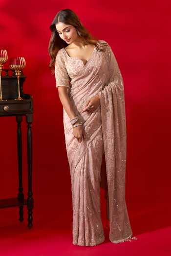 Buy_Azeera_Pink Tissue Floral Embroidered Saree With Unstitched Blouse Piece _Online_at_Aza_Fashions
