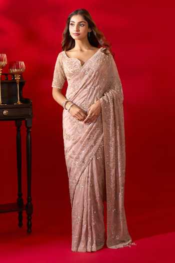 Shop_Azeera_Pink Tissue Floral Embroidered Saree With Unstitched Blouse Piece _Online_at_Aza_Fashions