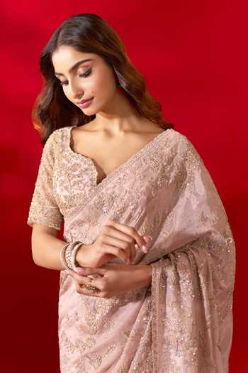 Azeera_Pink Tissue Floral Embroidered Saree With Unstitched Blouse Piece _at_Aza_Fashions