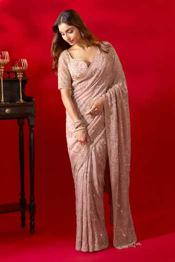 Buy_Azeera_Pink Tissue Floral Embroidered Saree With Unstitched Blouse Piece 