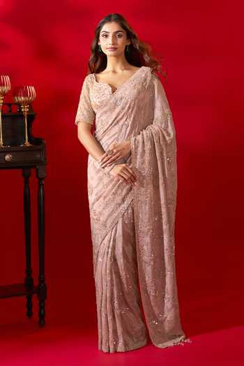 Shop_Azeera_Pink Tissue Floral Embroidered Saree With Unstitched Blouse Piece 