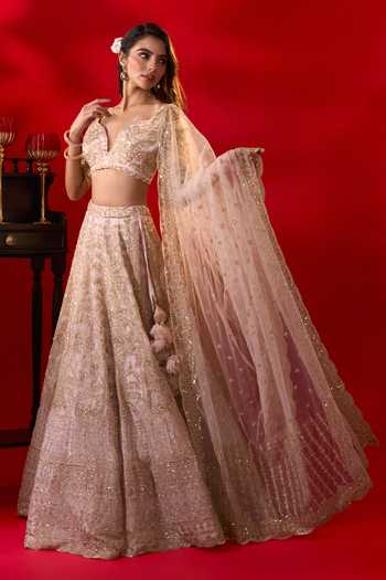Azeera_Pink Net Sweetheart Neck Radiant Embroidered Lehenga Set _Online_at_Aza_Fashions
