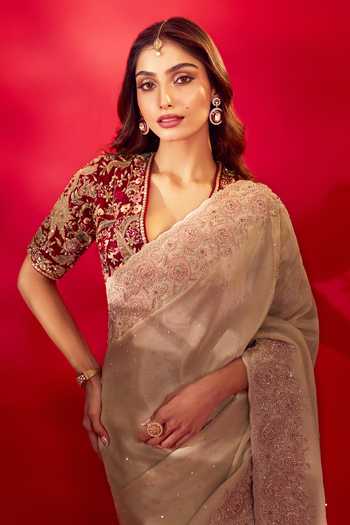 Buy_Azeera_Gold Tissue Yashvi Bordered Saree With Unstitched Blouse Piece _Online_at_Aza_Fashions